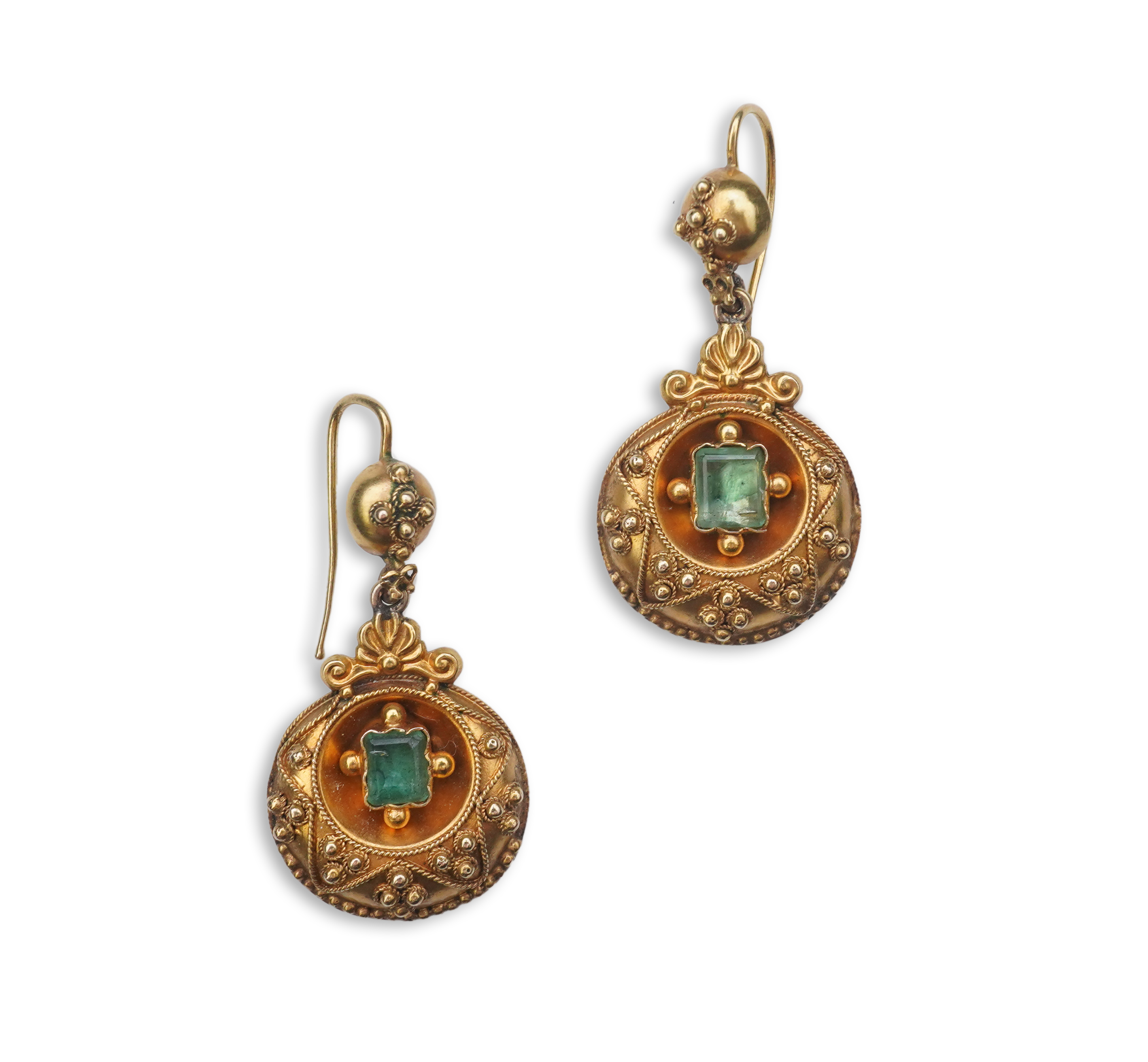 A pair of Victorian emerald and gold earrings, third quarter 19th century